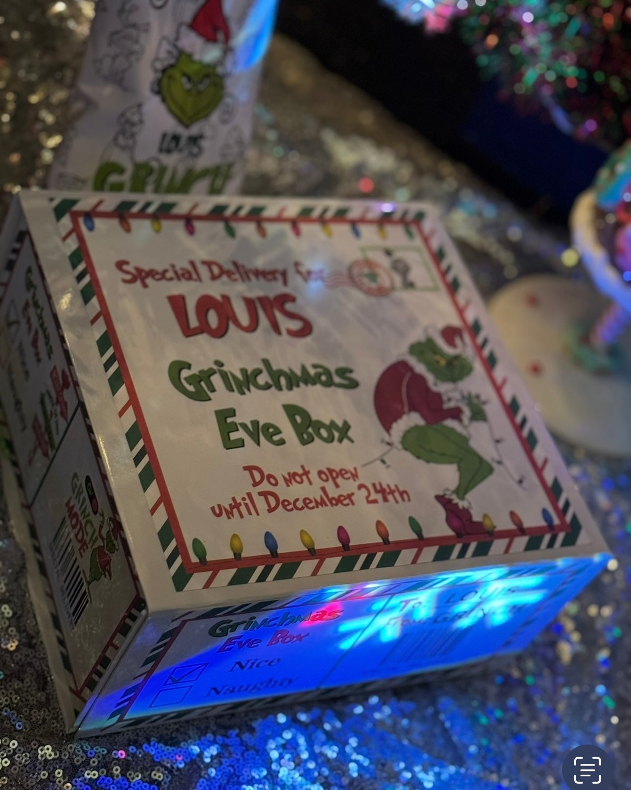 Personalized Christmas Eve treat box filled with treats - That’s so Stella