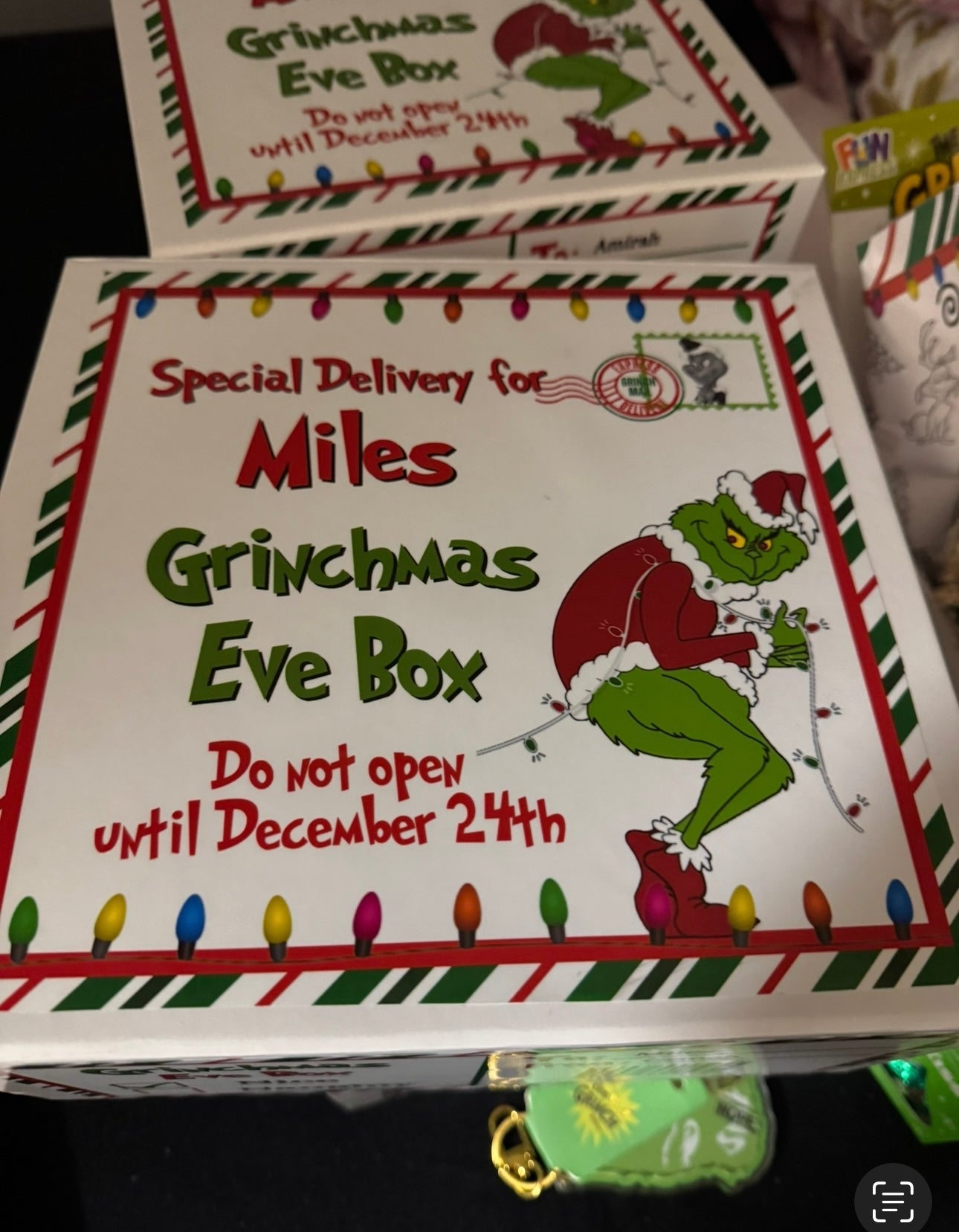 Personalized Christmas Eve treat box filled with treats