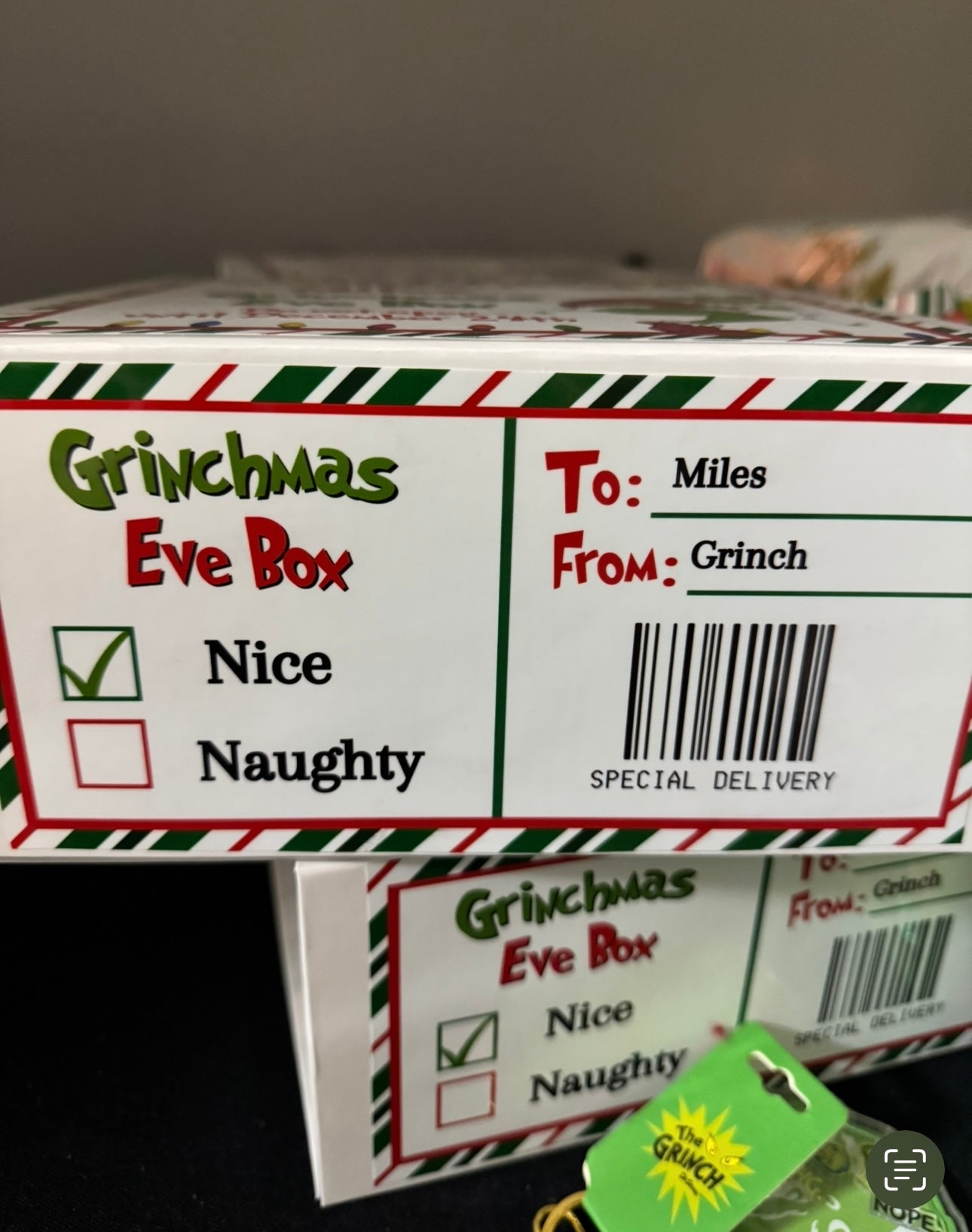 Personalized Christmas Eve treat box filled with treats